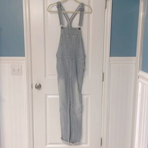 F21 Pinstripe Denim Overalls with Distressed Details and rolled hem, size 27